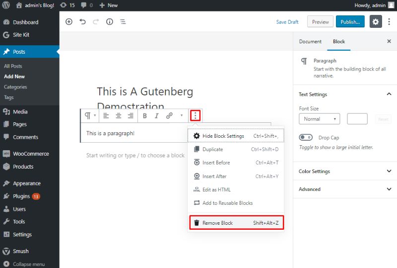 Gutenberg paragraph block with the options showing