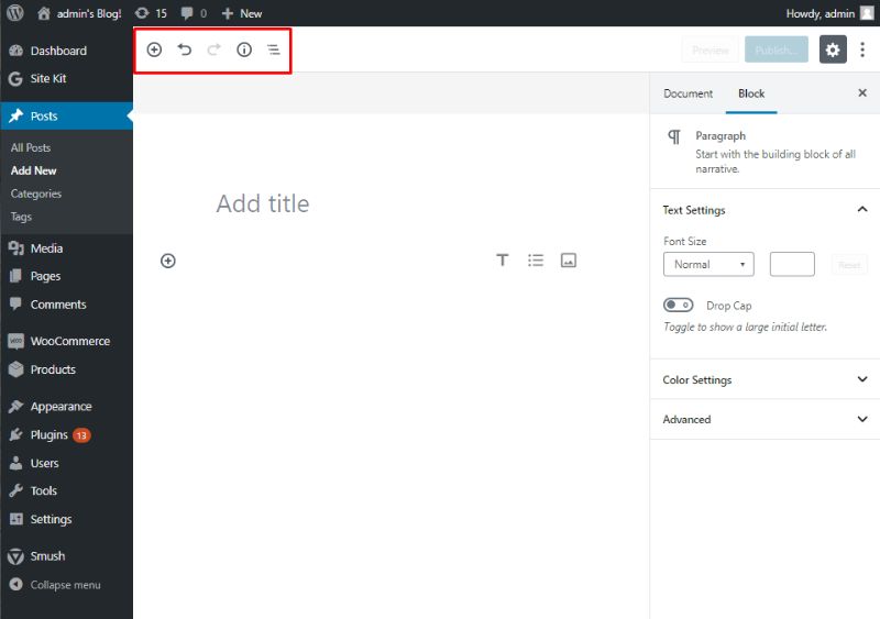 Gutenberg toolbar highlighted