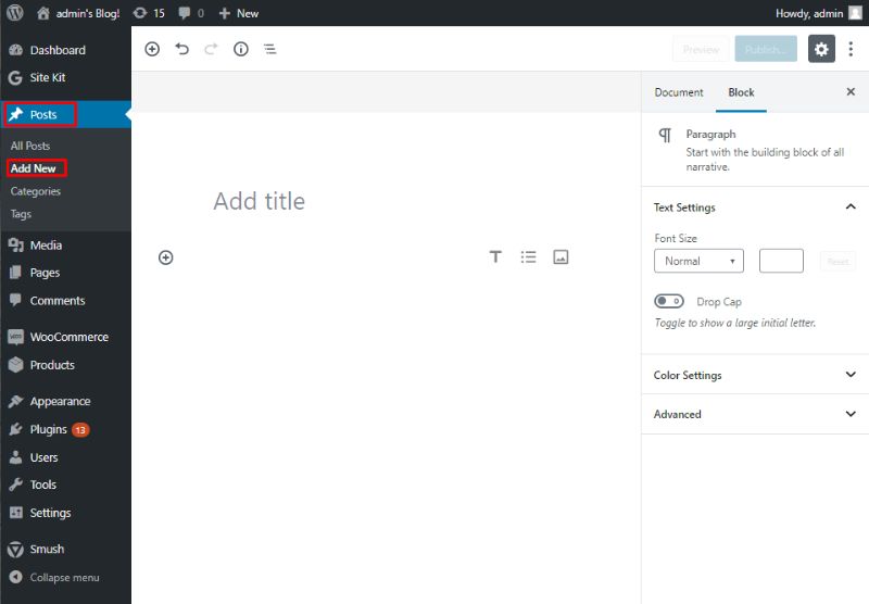 Gutenberg editor showing the add new selection