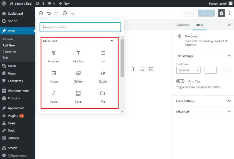 Gutenberg block options