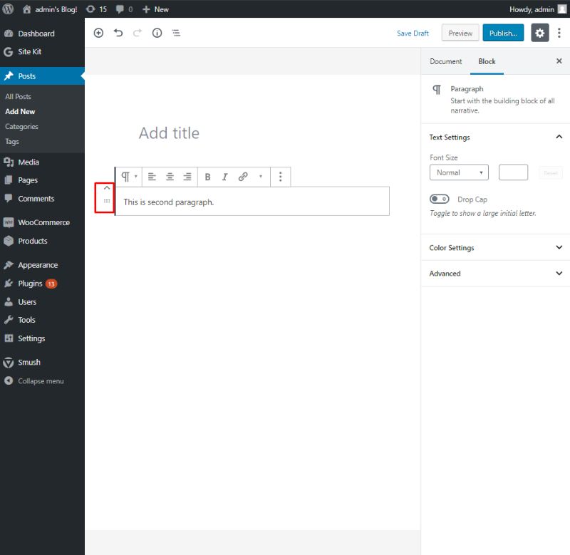 Gutenberg editor showing how to move paragraphs