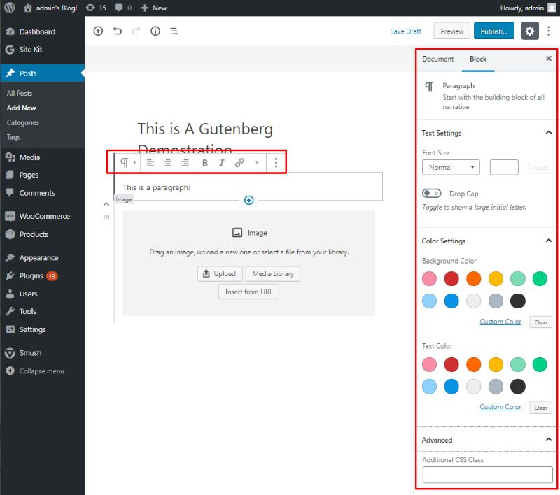 Gutenberg paragraph block with full block options showing