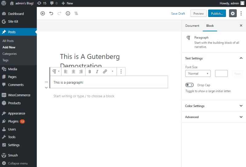 Gutenberg paragraph block