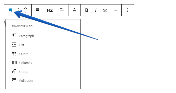 Showing the button to click to convert a block to a paragraph block