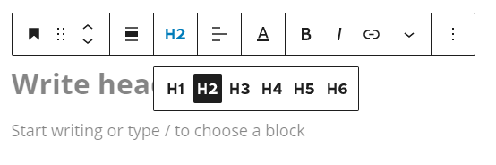 Showing the different heading options from H1 to H6