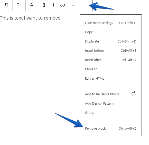 pointing to the option for removing a block in the toolbar