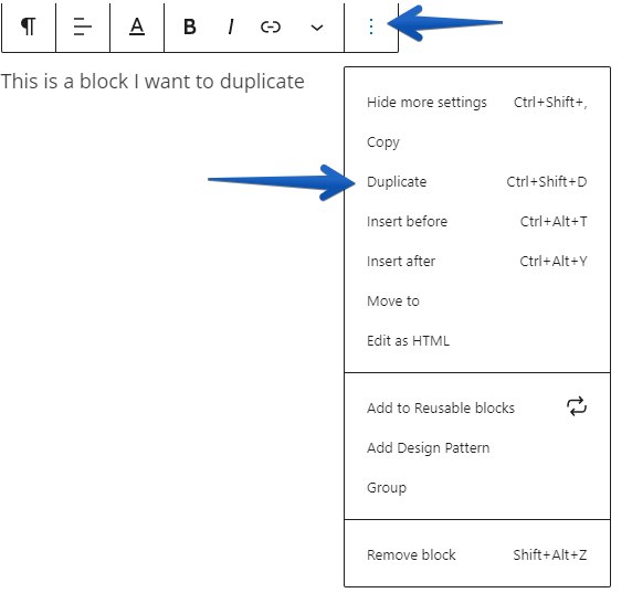 Showing where the duplicate block option is in the toolbar