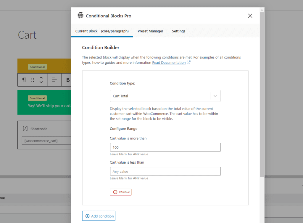 Screenshot of adding WooCommerce cart conditions to WordPress Blocks using Conditional Blocks.