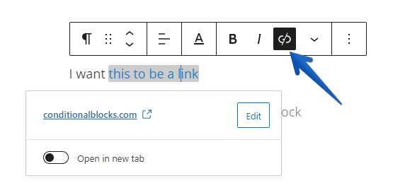 Arrow pointing to the unlink option for text