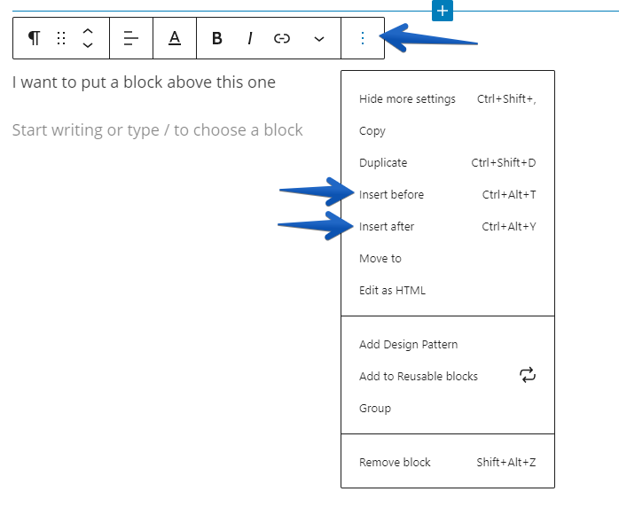 Showing the insert before and insert after options in the toolbar