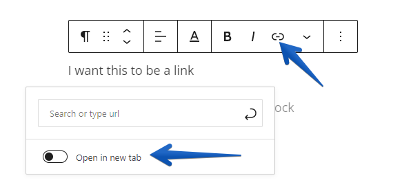 Showing the link options to create a new link and open it in a new tab