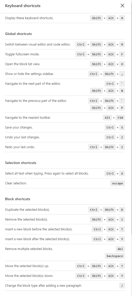 Screenshot of the liist of shortcuts in the Block Editor