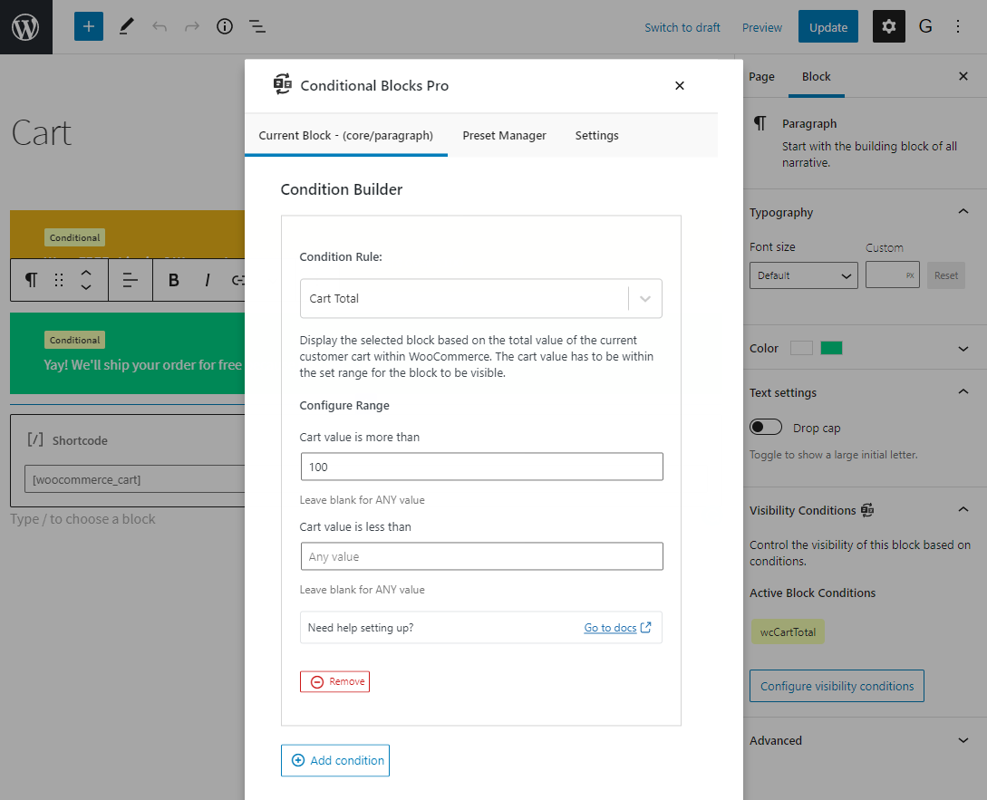 Screenshot of configuring WooCommerce conditions in WordPress Blocks