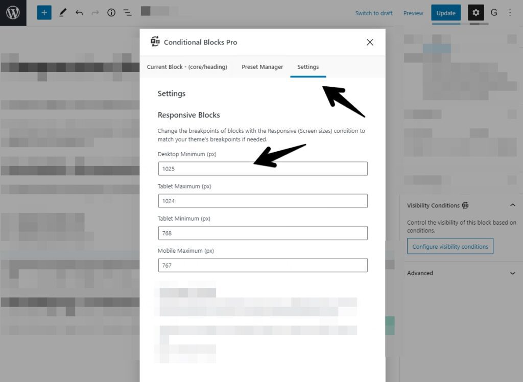 Screenshot of changing the screen size break points for the responsive settings in the Conditional Blocks plugin.