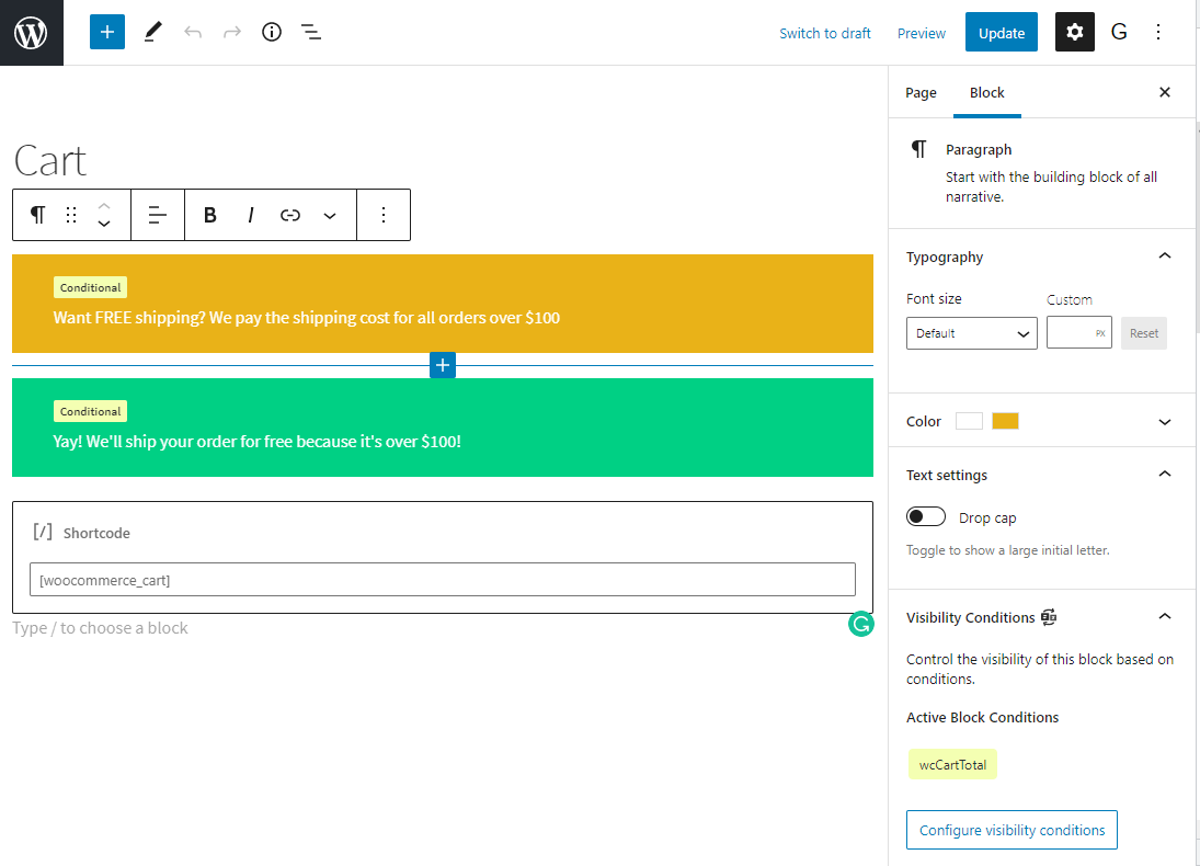 Screenshot of the adding WooCommerce conditions to WordPress Blocks