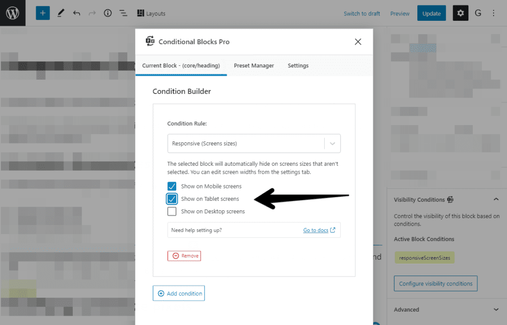 Screenshot of changing the visibility of WordPress blocks based on responsive screen sizes with the Conditional Blocks plugin for WordPress