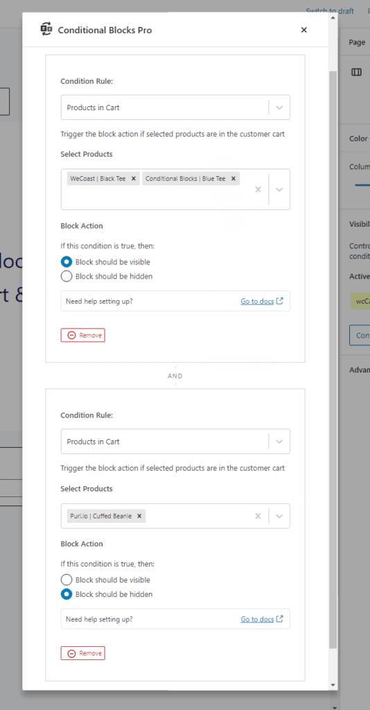 Show or hide WordPress blocks based on the Products in the WooCommerce cart.