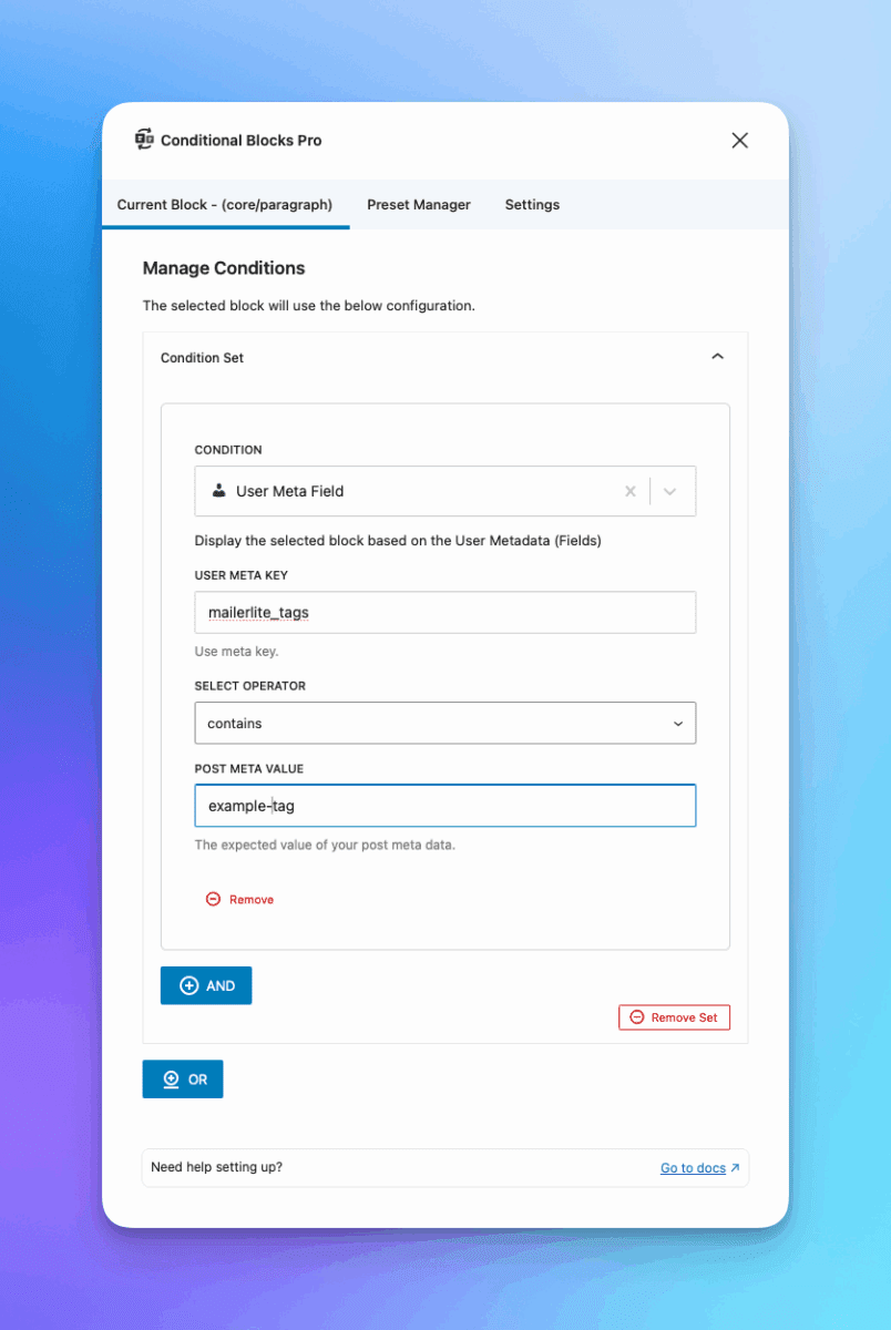 Adding User meta condition to WordPress content