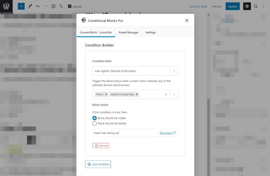 Screenshot of restricting WordPress content to iPhone and MacOS users.