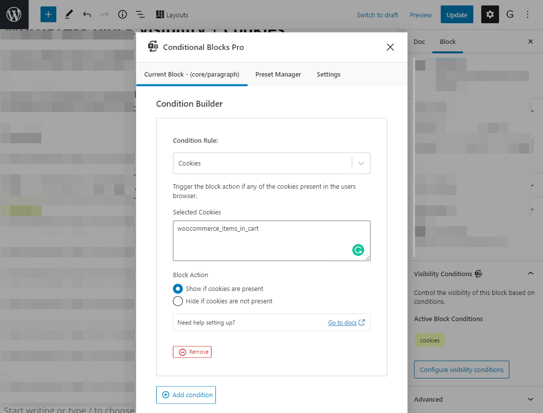 Changing visiblity of WordPress Block content using HTTP Cookies and Conditional Blocks.