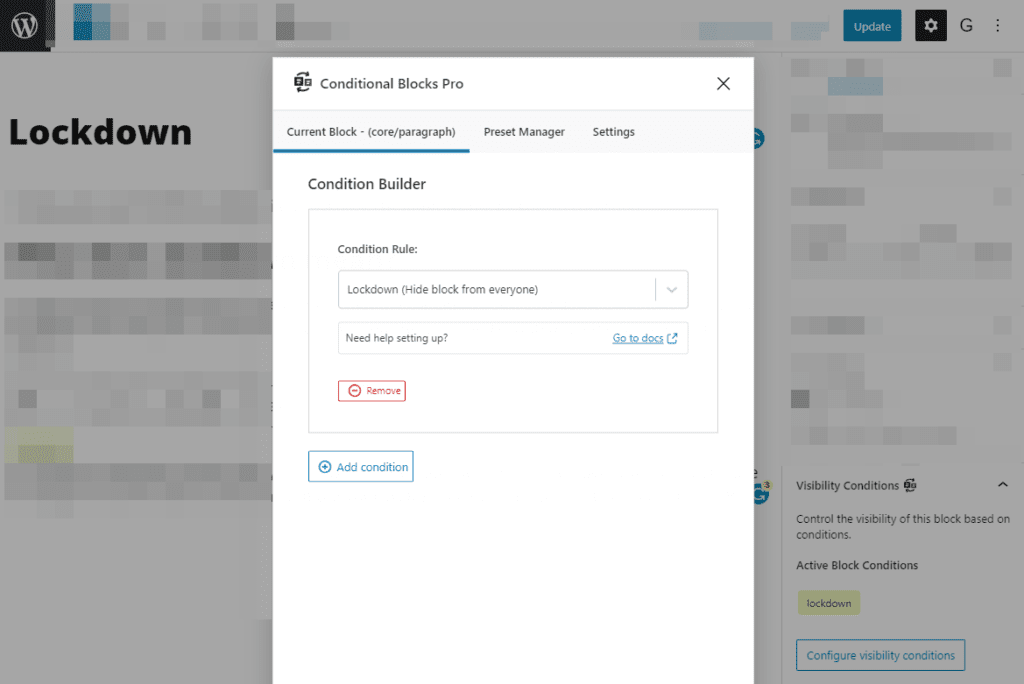 Example of changing the visibility to hide WordPress blocks when using the Lockdown condition in Conditional Blocks.