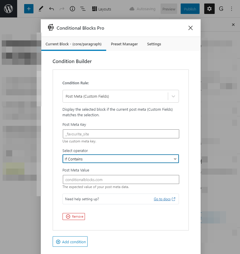 Screenshot of conditionally making WordPress blocks visible using custom fields.