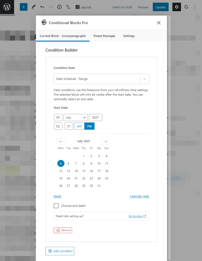 Screenshot of adding date visibility conditions to WordPress block content.