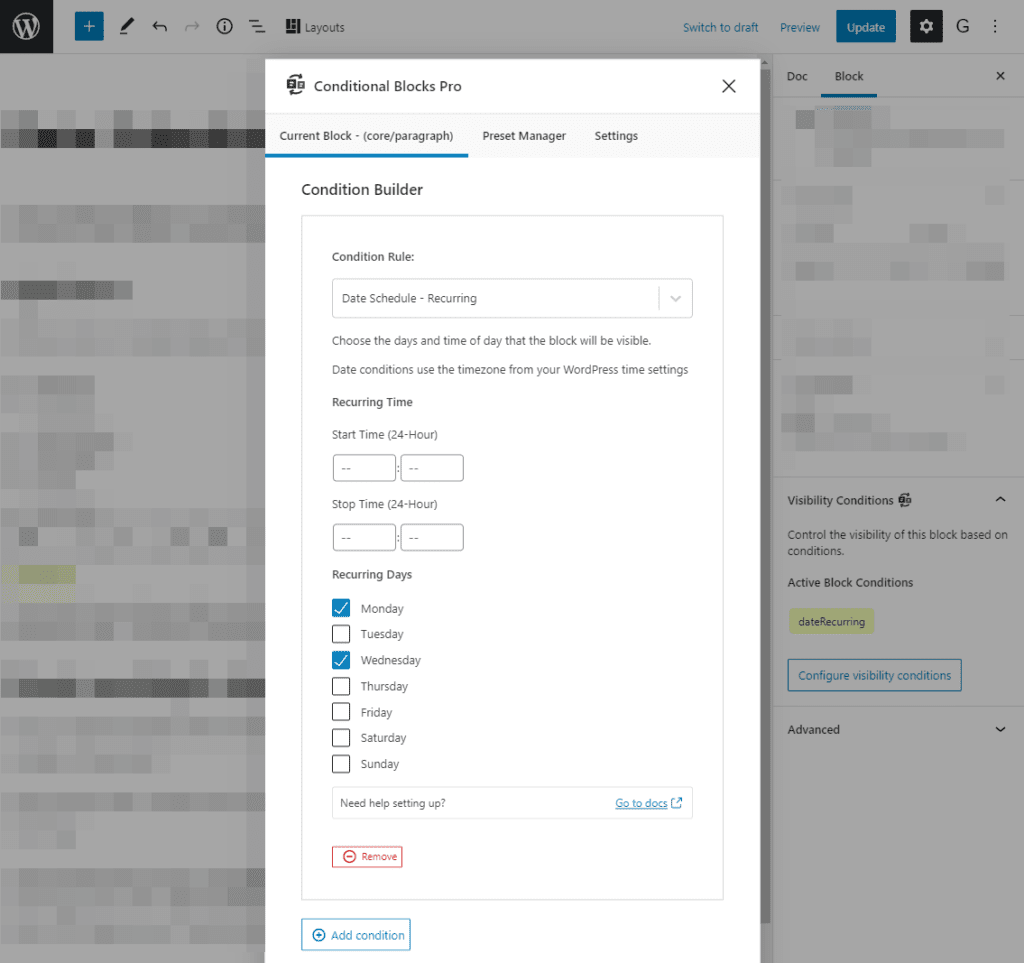 Example screenshot setting weekday visibility to restrict WordPress blocks.