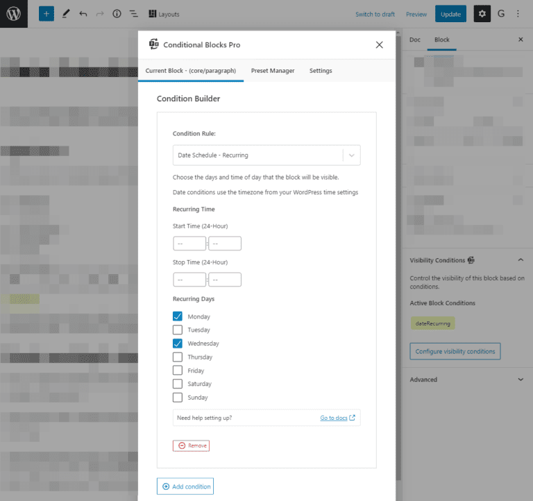 Schedule WordPress Blocks by Recurring Date & Time