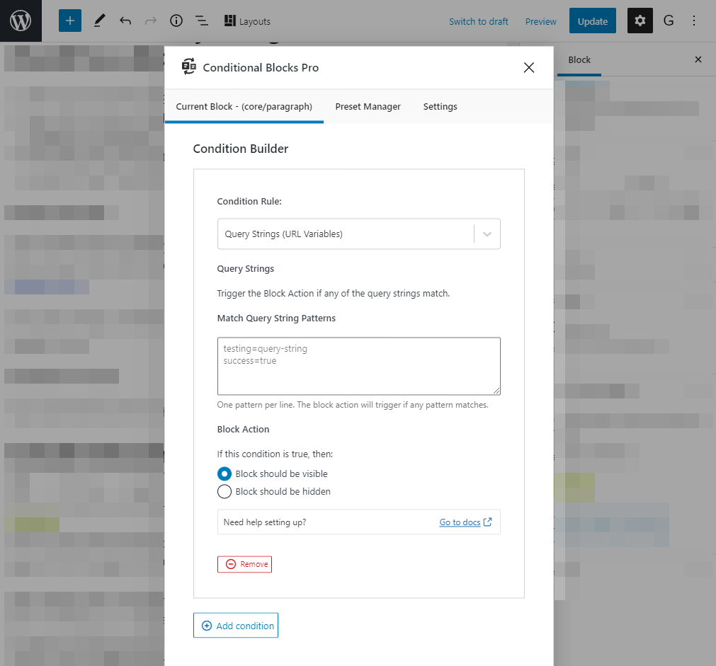 Setting up visibility rules in WordPress using HTTP Query Strings.