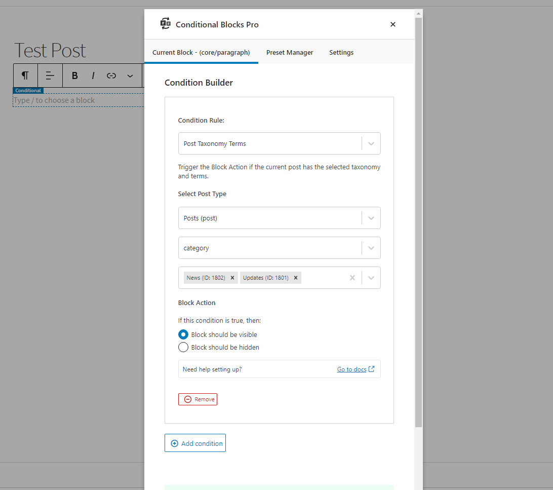 Select Post Taxonomy Terms to control the visibility of WordPress blocks.