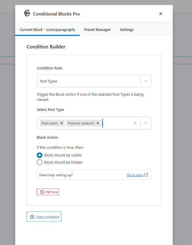 Screenshot of using Conditional Blocks to select a specific post type.