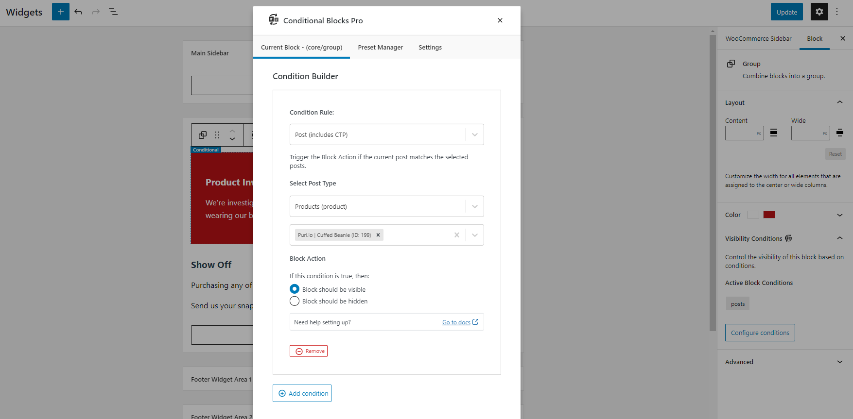 Adding the setting to control the visibility of a WordPress Block Widget