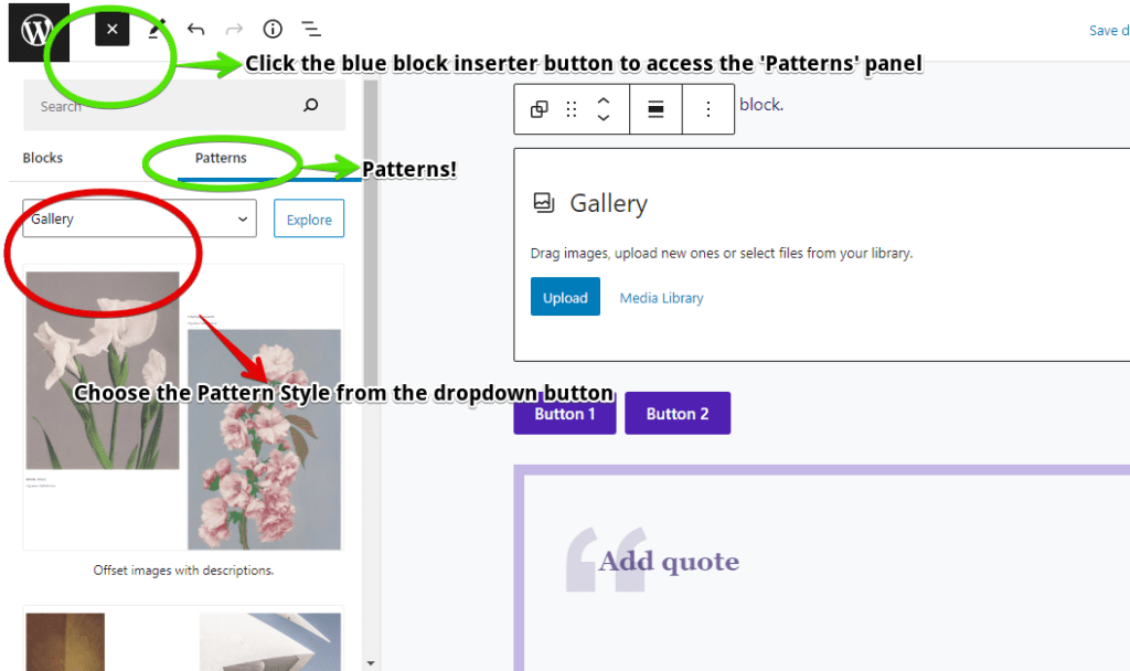 Screenshot showing how to choose a block pattern from the editor in the WordPress Editor