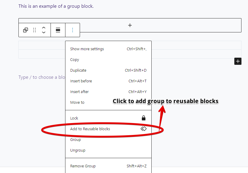 Screenshot showing how to add a group block to Reusable Blocks in the WordPress Editor