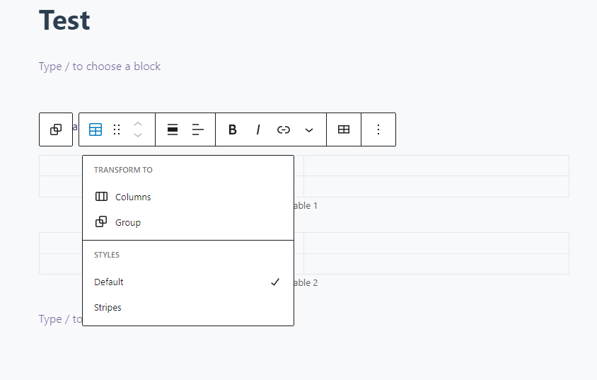 Screenshot showing the formatting options for group blocks in the WordPress Editor