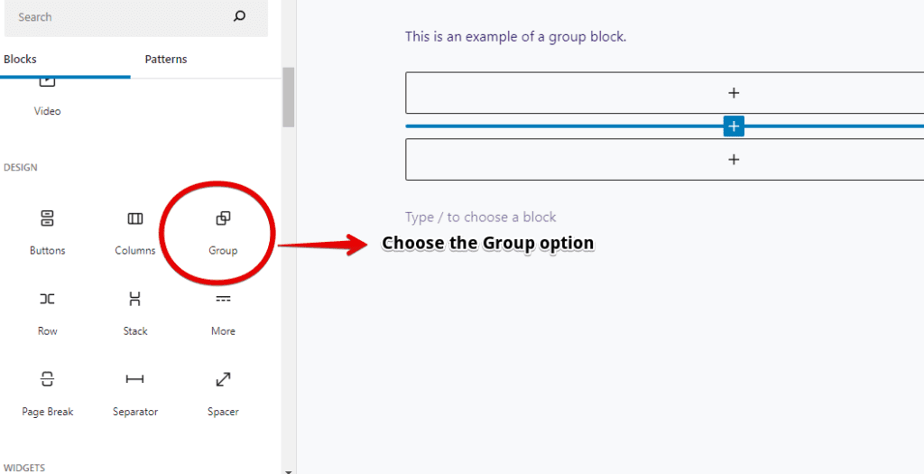 Screenshot using a Group Block in the WordPress Editor