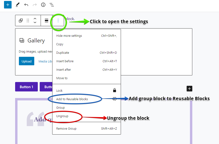 Screenshot that shows how to ungroup a group block in the WordPress Editor