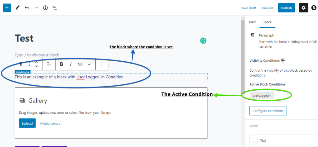Screenshot showing one of Conditional Blocks' popular conditions: User Logged-In. This condition limits the content visibility of a block to users who are logged in to the website.