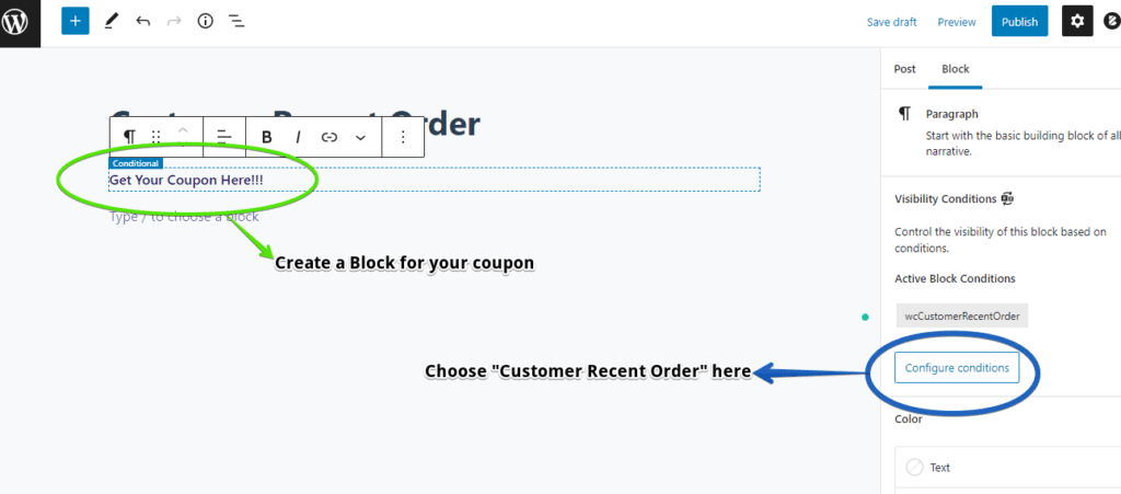 Screenshot showing how to add Customer Recent Order condition to a coupon block