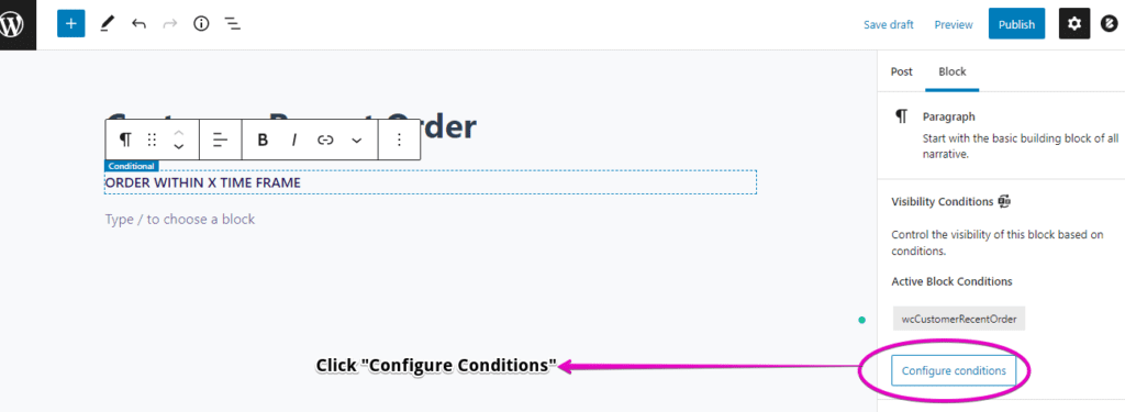 Screenshot showing the Configure Conditions button where the user can choose a condition