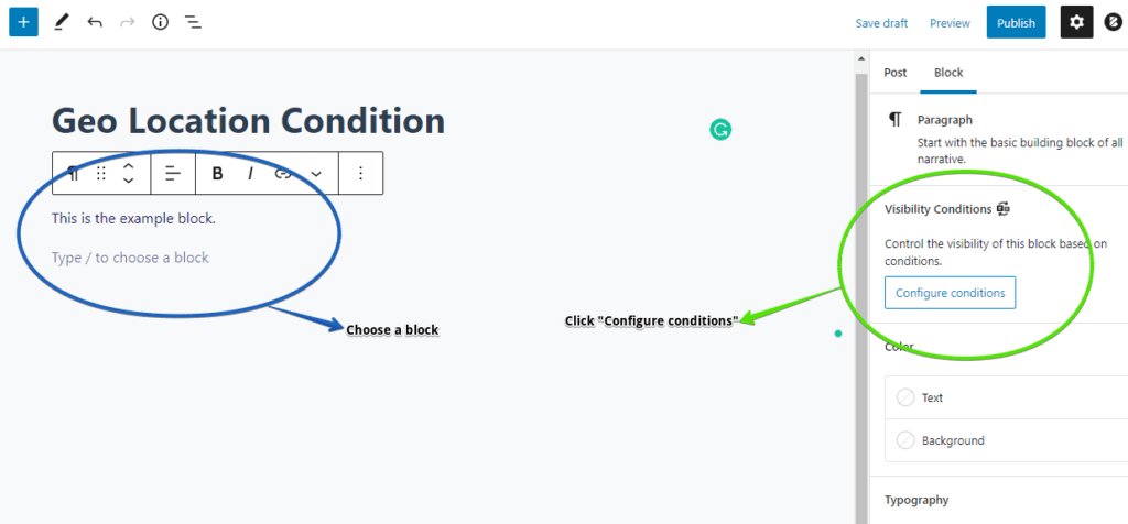 Screenshot showing the process of adding the Geo Location to a block