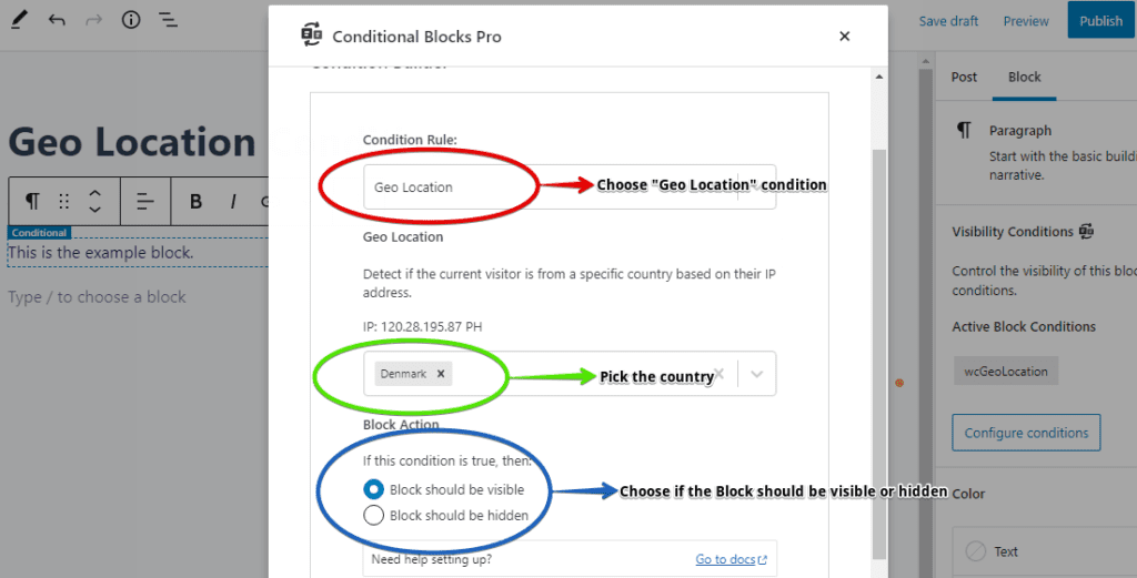 Screenshot showing the part where the countries can be chosen and block status can be set to visible or hidden