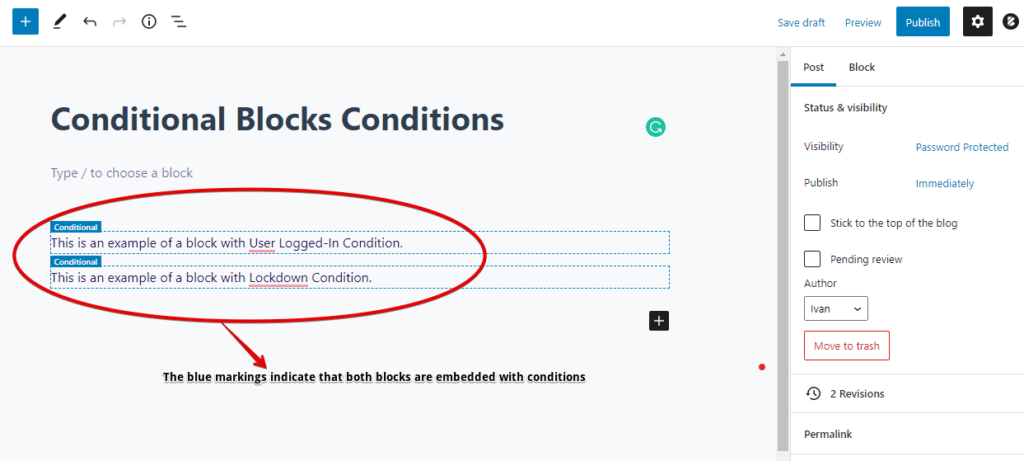 Screenshot showing the embedded conditions of Conditional Blocks and their blue markings