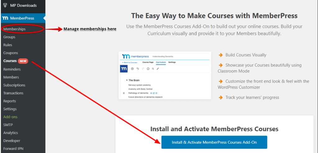 Screenshot showing the editable membership and course options of MemberPress