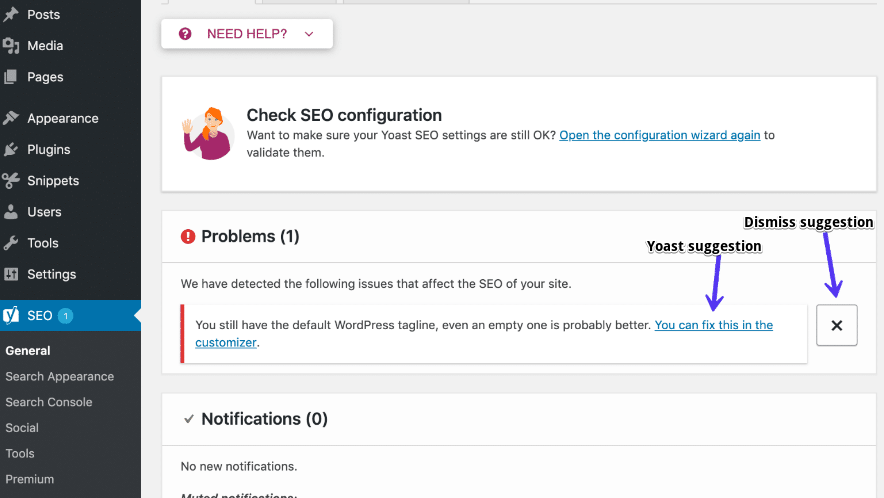 Screenshot showing Yoast SEO's active notifcation panels