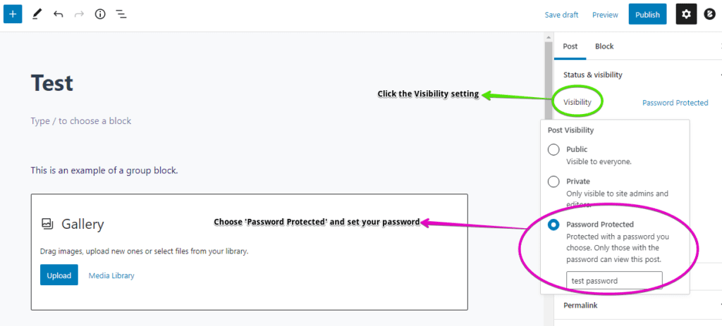 Screenshot showing the steps on password-protecting a WordPress post