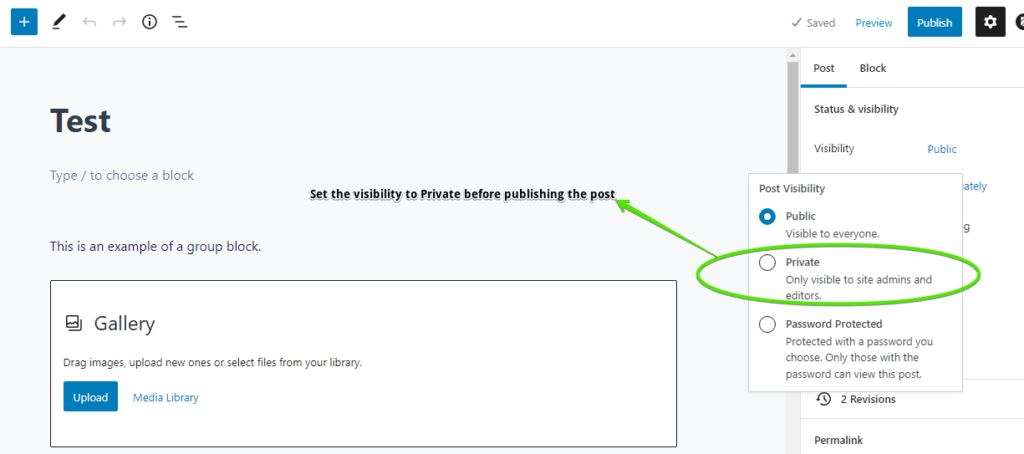 Screenshot showing how to set the visibility of a post to private in WordPress