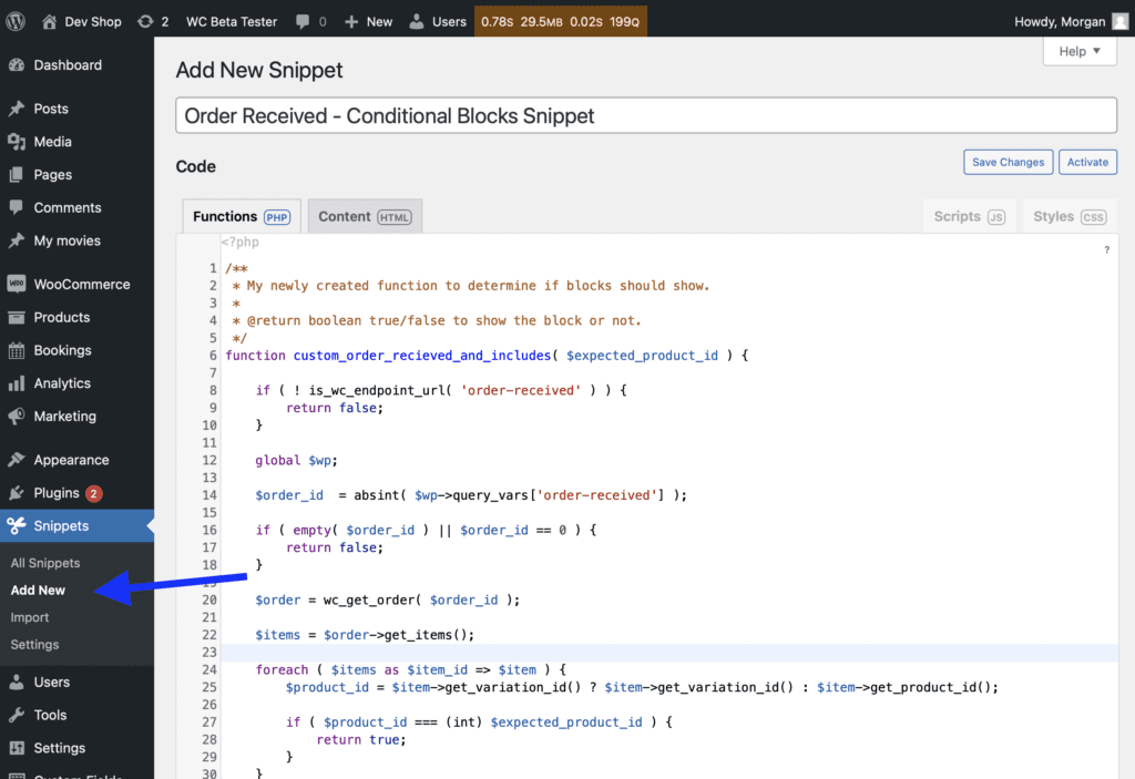 Screenshot of adding a new snippet to the Code Snippets WordPress plugin.
