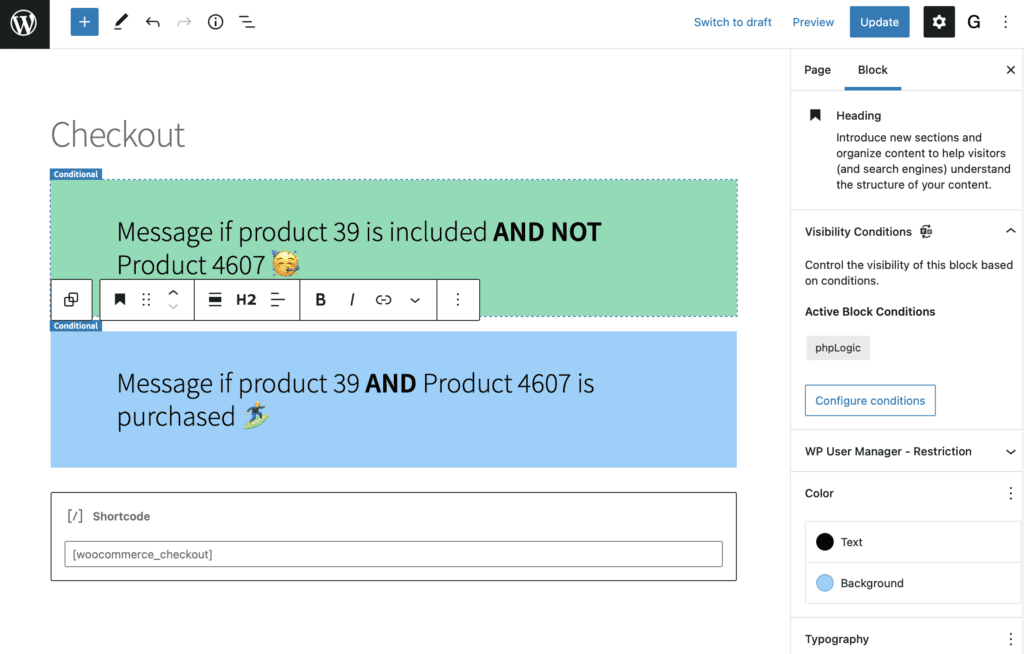 Screenshot of creating custom checkout messages using WordPress Blocks